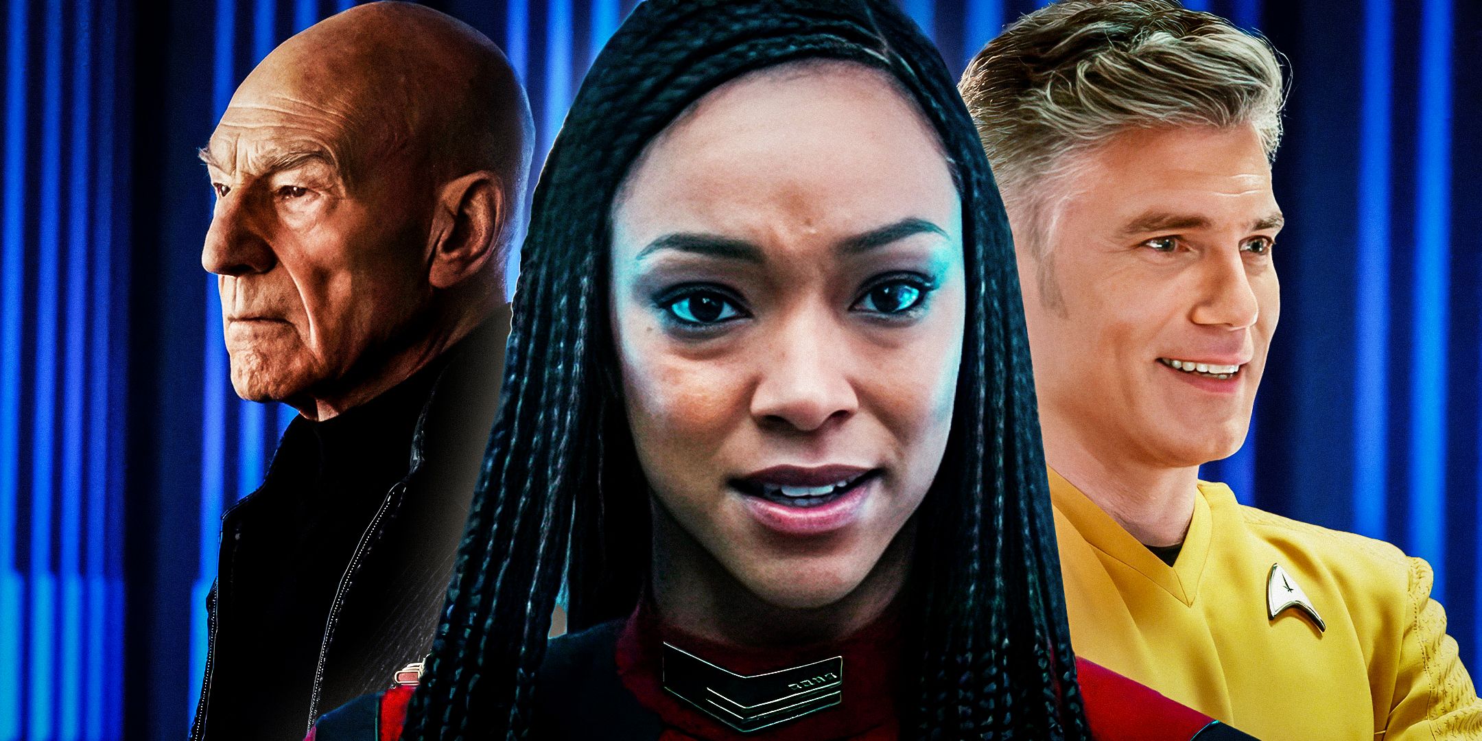 Captain-Burnham-from-Star-Trek-Discovery-season-5-(-in-the-center),-Admiral-Picard-from-Picard-season-3-and-Captain-Pike-from-Strange-New-Worlds