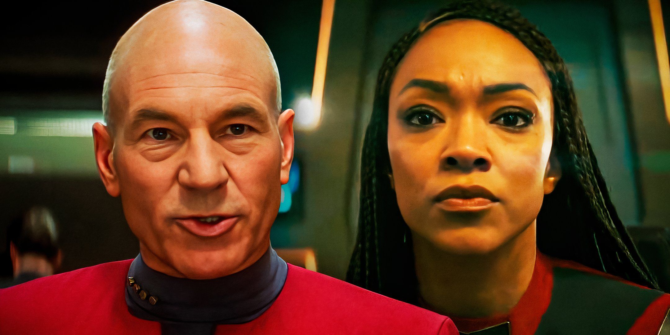 Patrick Stewart as Captain Picard in Star Trek Generations and Captain Burnham in Star Trek Discovery.