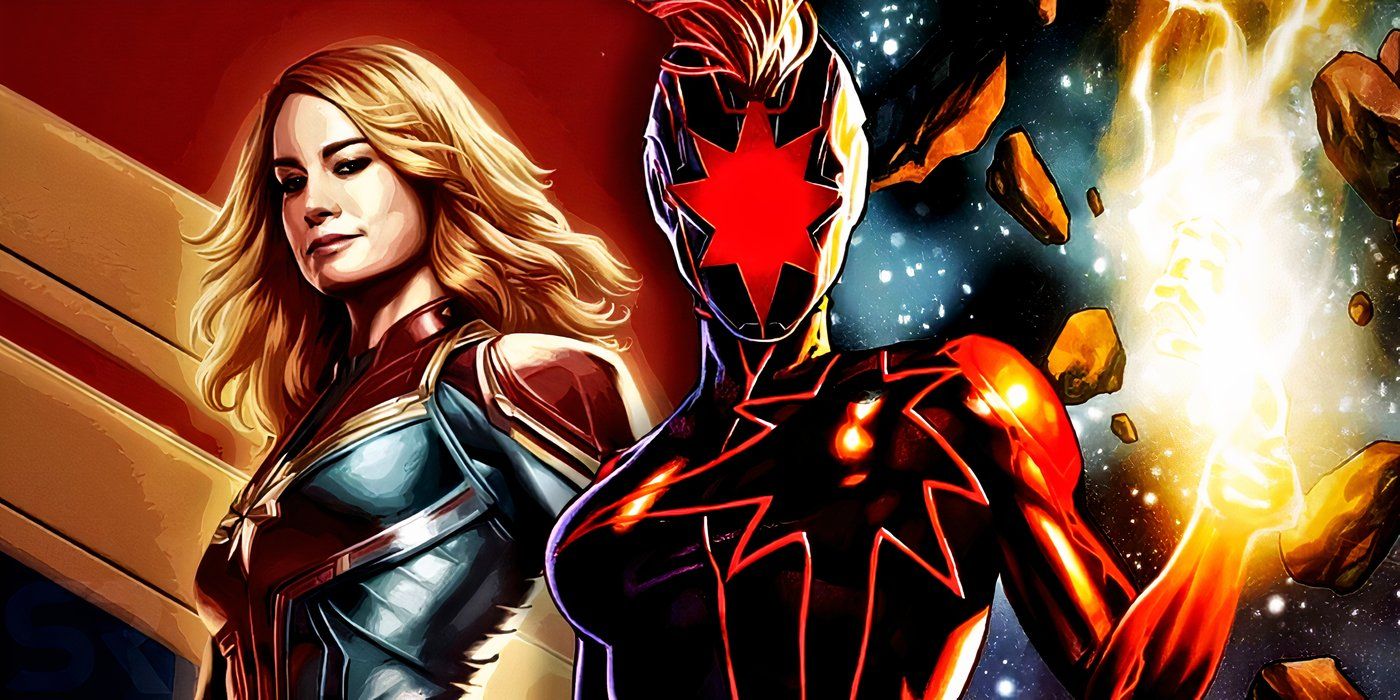 MCU's Captain Marvel next to her Marvel Comics Vox Supreme-suit counterpart.