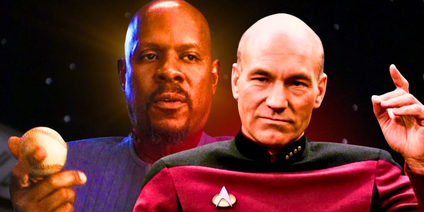 Kapitän Sisko mit einem Baseball und Kapitän Picard 