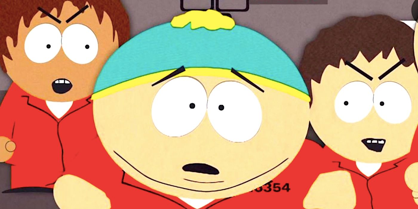 Cartman in prison looking terrified in South Park
