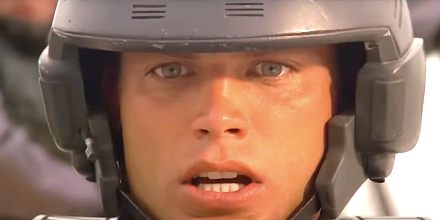 Casper Van Dien's Rico stares in horror in Starship Troopers
