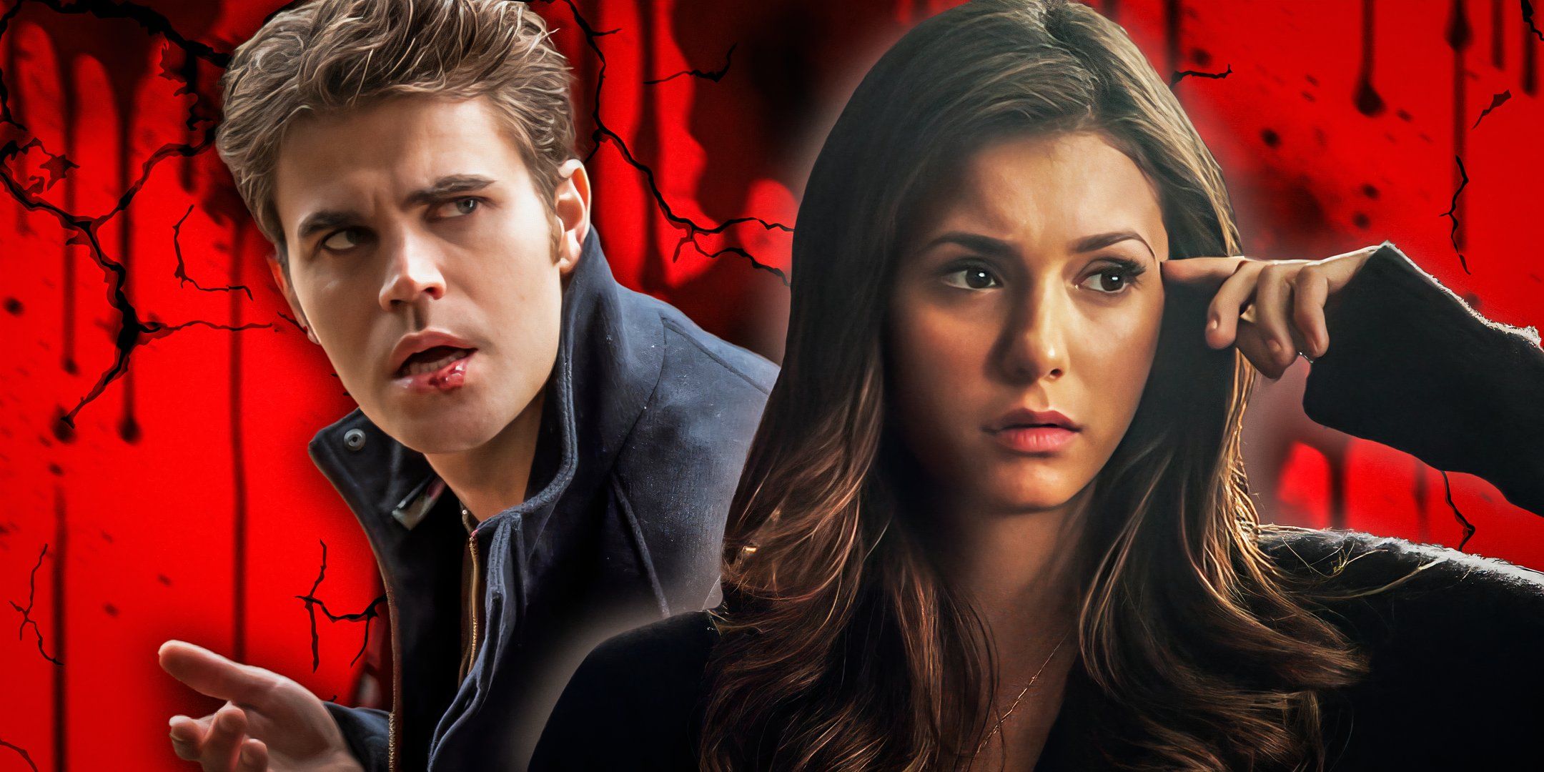 Stefan and Elena from The Vampire Diaries are in front of a red background.