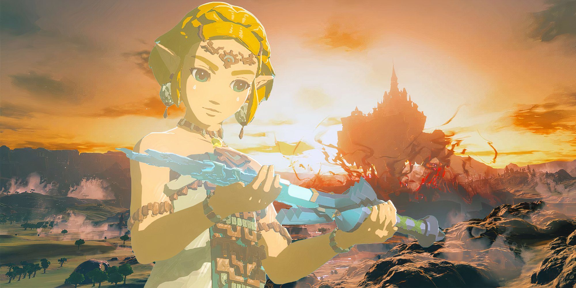 Zelda holding a sword with Hyrule Castle in the distance.