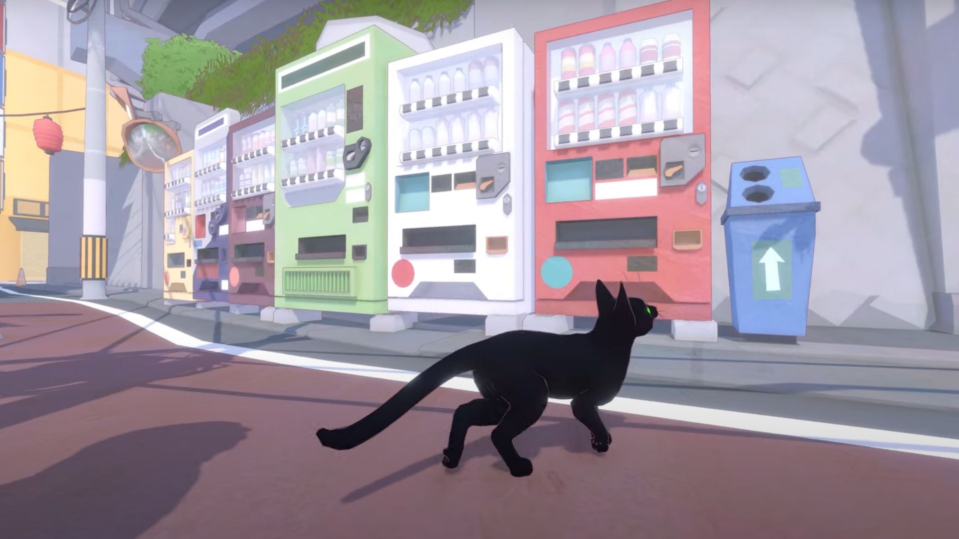Gato se aproximando de uma fila de máquinas de venda automática em Little Kitty Big City