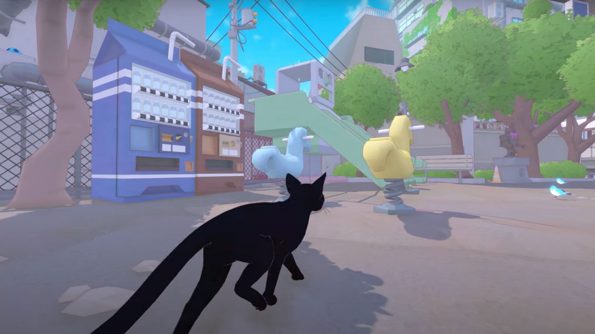 Gato se aproximando de um playground em Little Kitty Big City