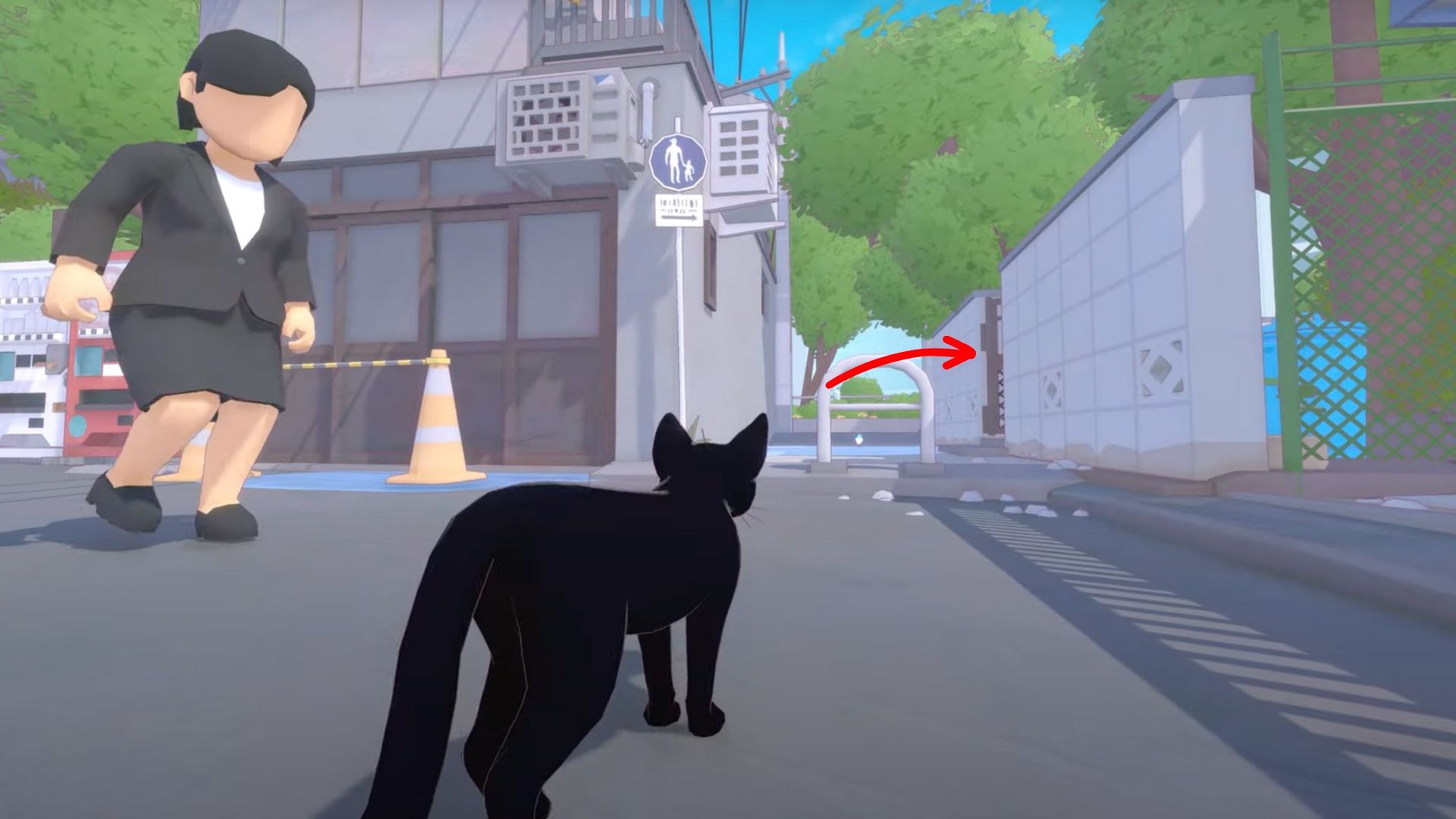 Gato se aproximando de um beco com uma seta apontando para um portão aberto enquanto uma pessoa passa em Little Kitty Big City