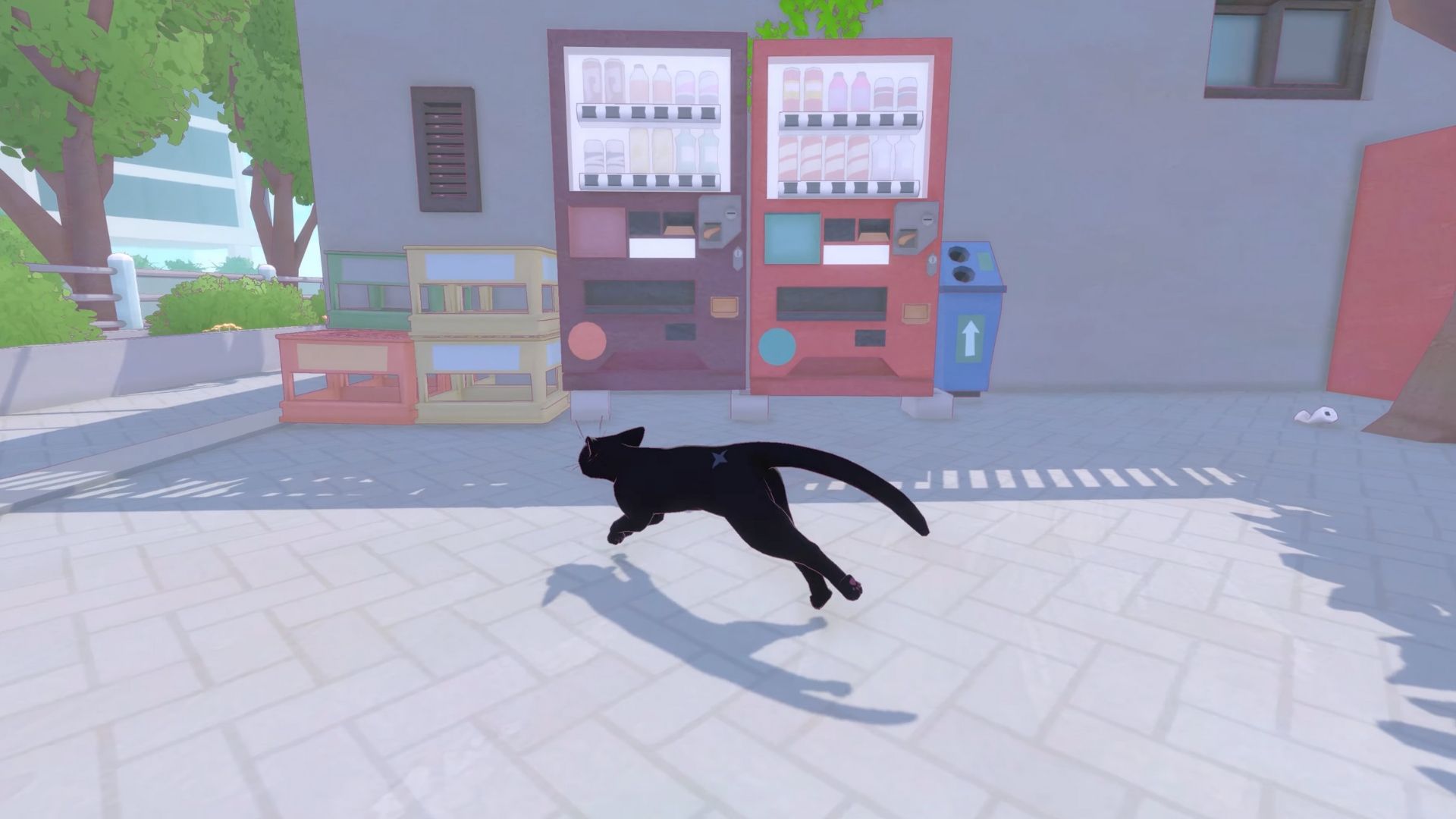 Cat approaching some vending machines and crates in Little Kitty Big City