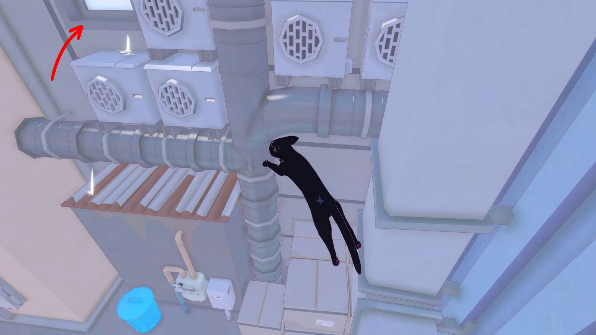 Cat jumping onto a ledge with vents in Little Kitty Big City