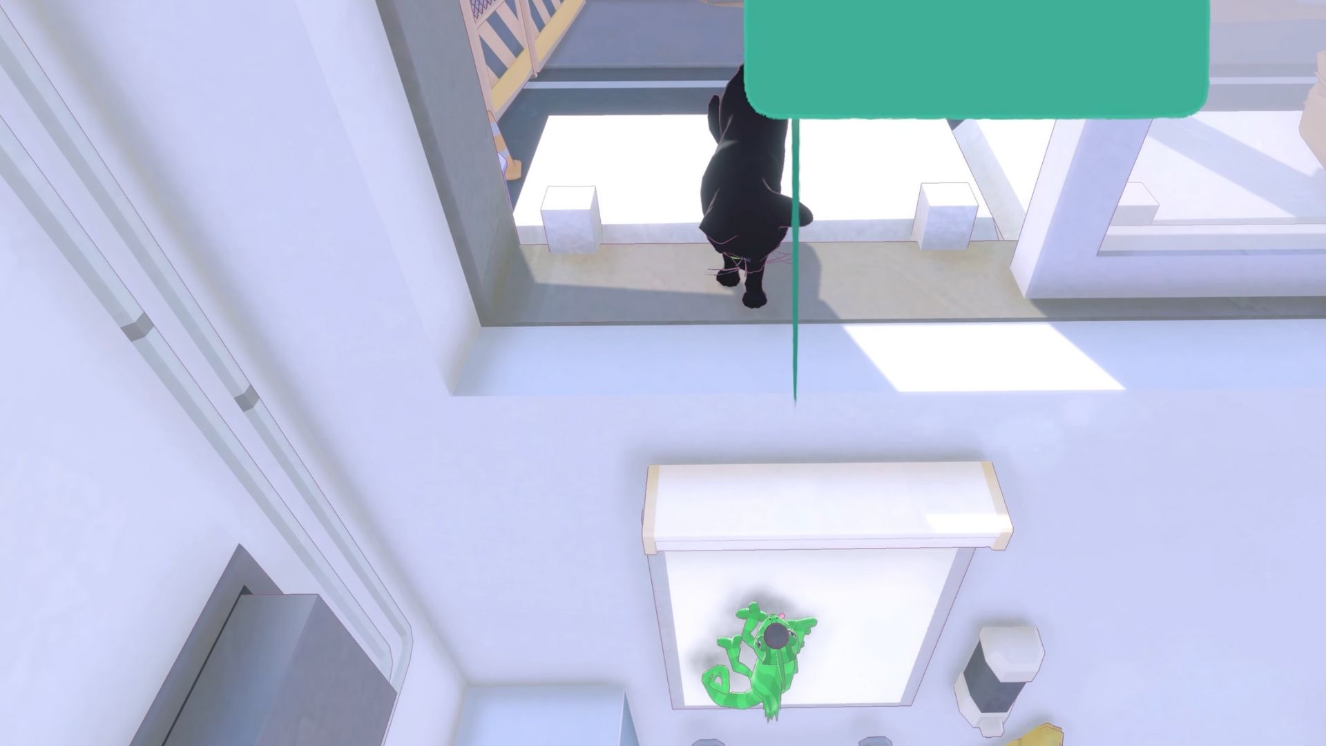 Cat speaking with green chameleon in Little Kitty Big City through a window