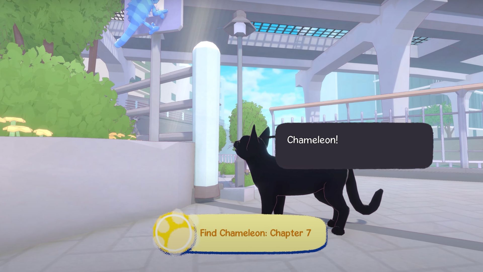 Cat talking to a Chameleon on the back of sign in Little Kitty Big City