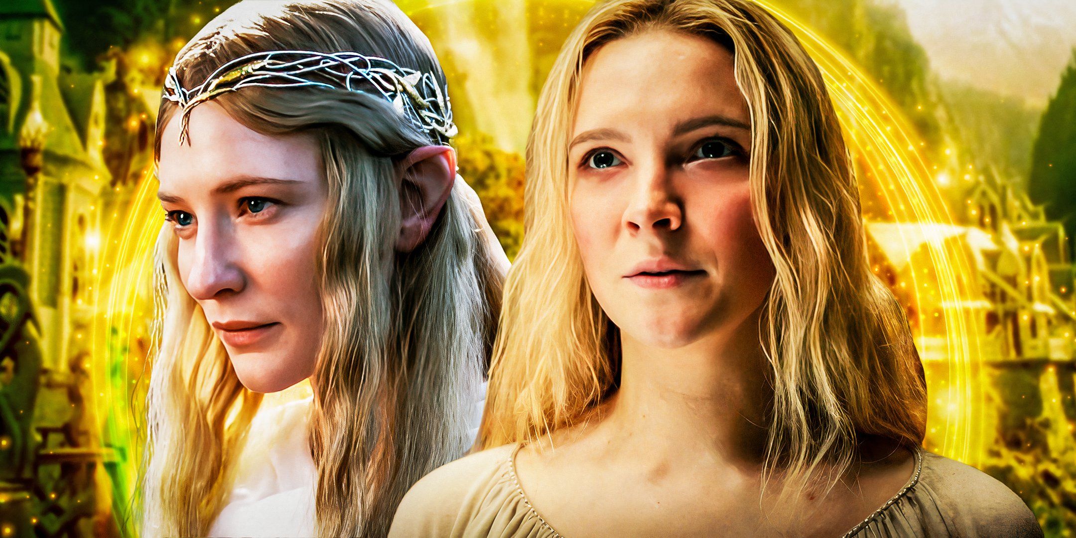 Cate Blanchett as Galadriel and Morfydd Clark as Galadriel from The Lord of the Rings Franchise