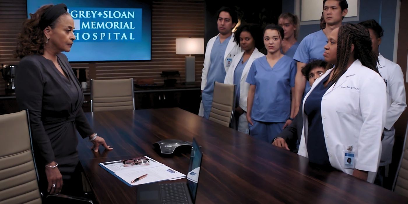 Catherine Fox (Debbie Allen) has a stare down with Miranda Bailey (Chandra Wilson) and the interns in the Grey's Anatomy season 20 finale