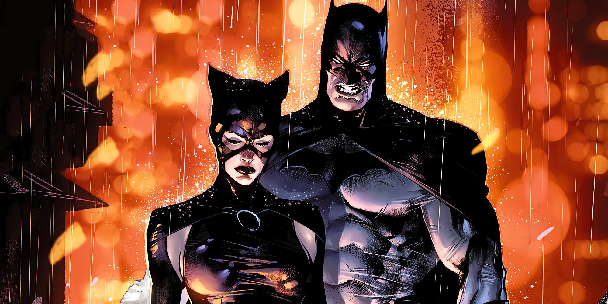 Mulher-Gato e Batman ficam na chuva na arte da DC Comics
