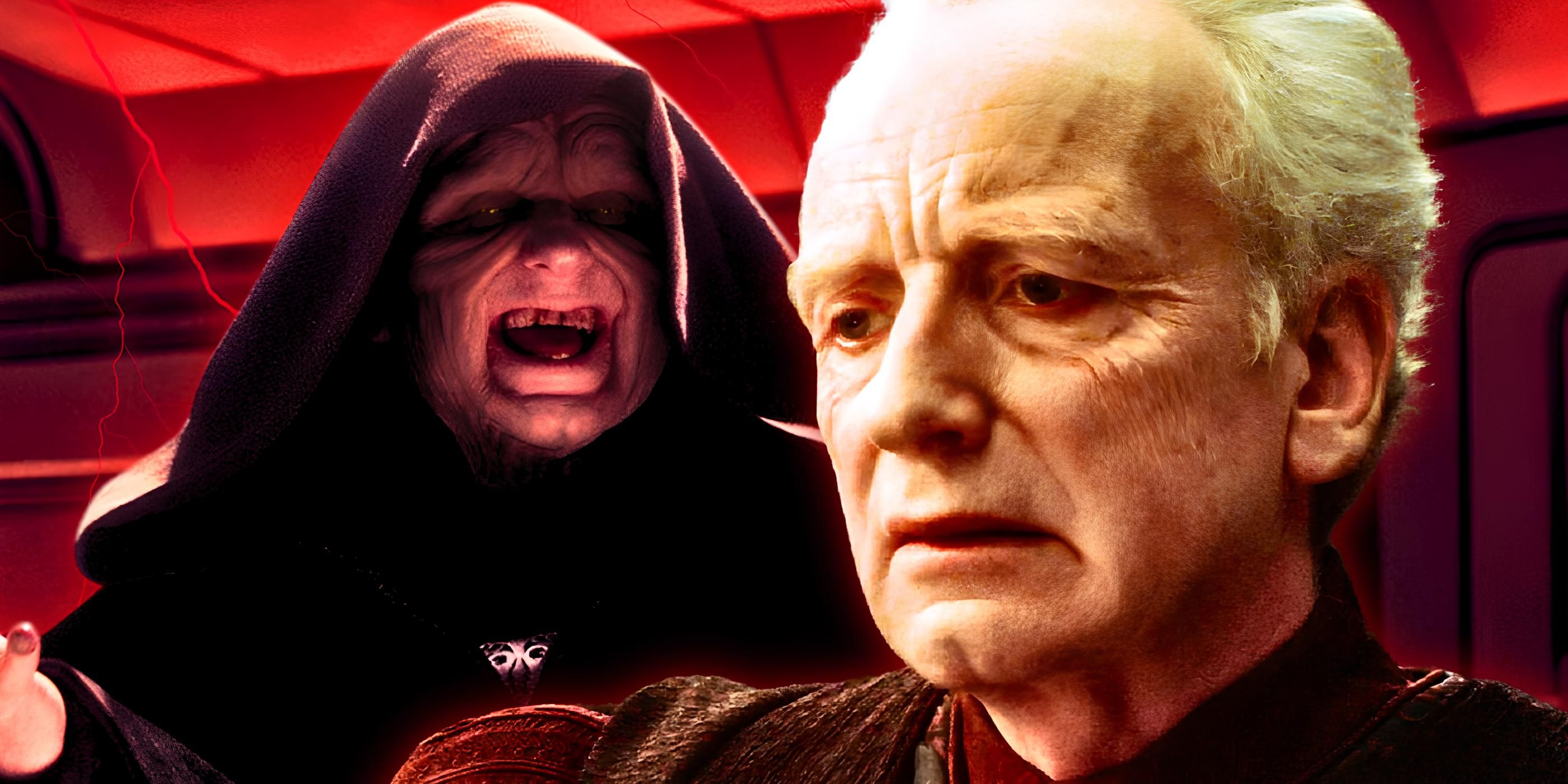 Emperor Palpatine cackling under his hood to the left and Chancellor Palpatine looking upset to the right in a combined image
