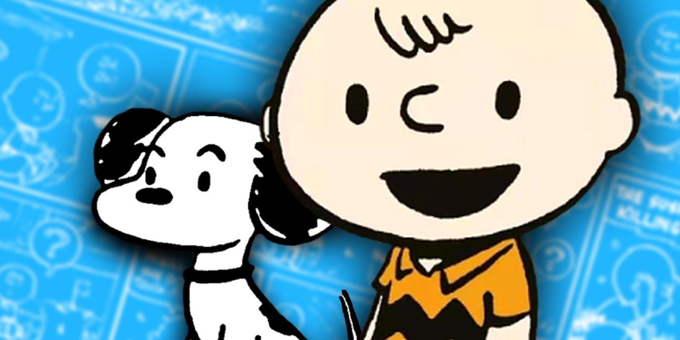 charlie brown and snoopy original designs in front of blurry peanuts comics-1