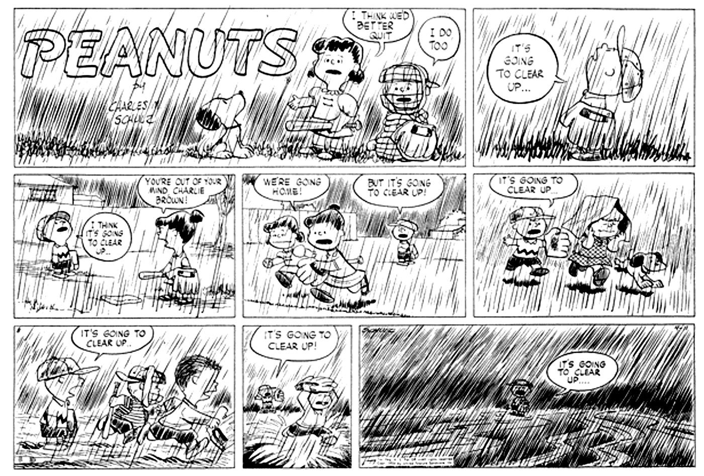 história em quadrinhos de Charlie Brown onde choveu no jogo de beisebol deles