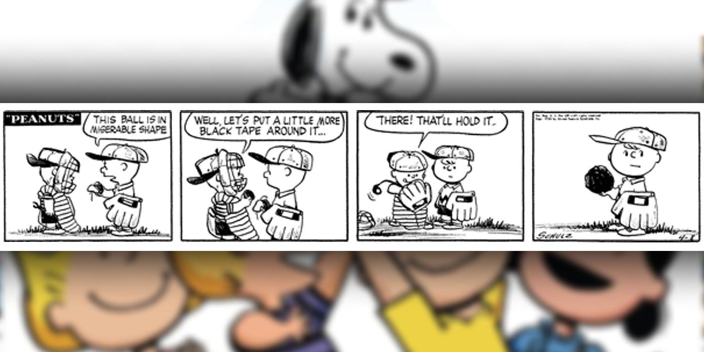 história em quadrinhos de Charlie Brown onde eles prendem uma bola até que seja apenas fita adesiva