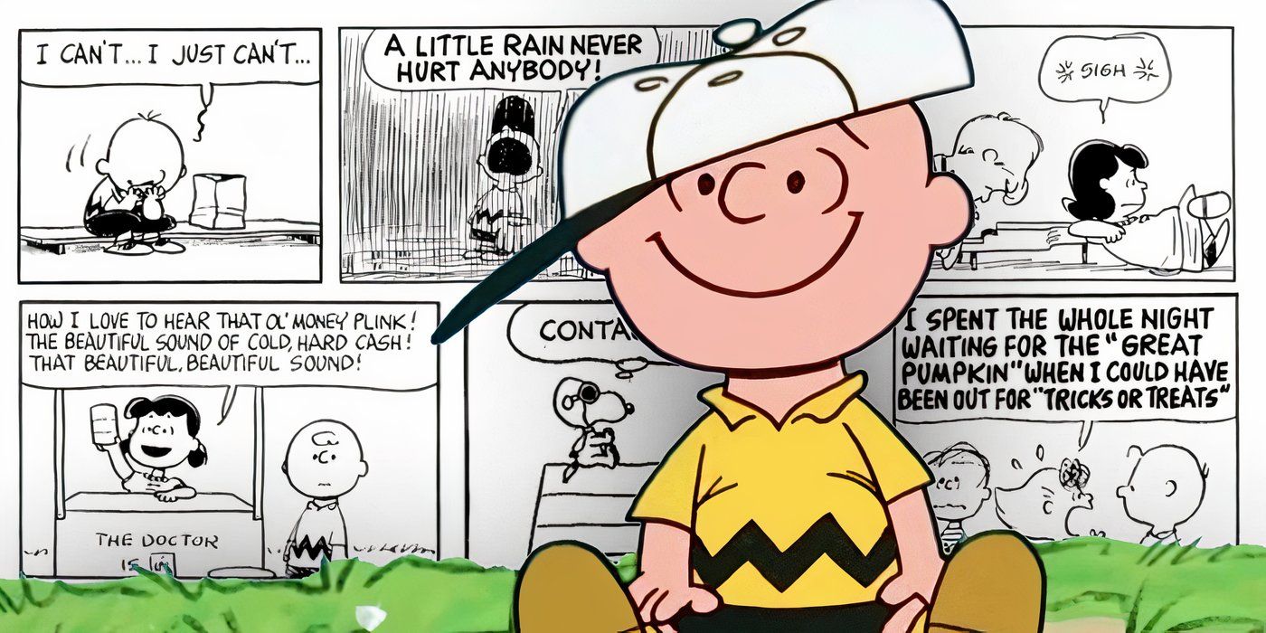 Charlie Brown with a Peanuts comic strip behind him.