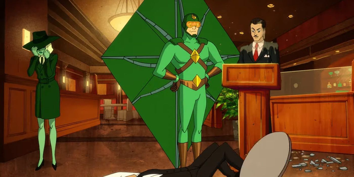 Kite-Man da DC com Poison Ivy no show da Harley Quinn com seu traje completo de pipa em exibição enquanto Ivy parece envergonhada