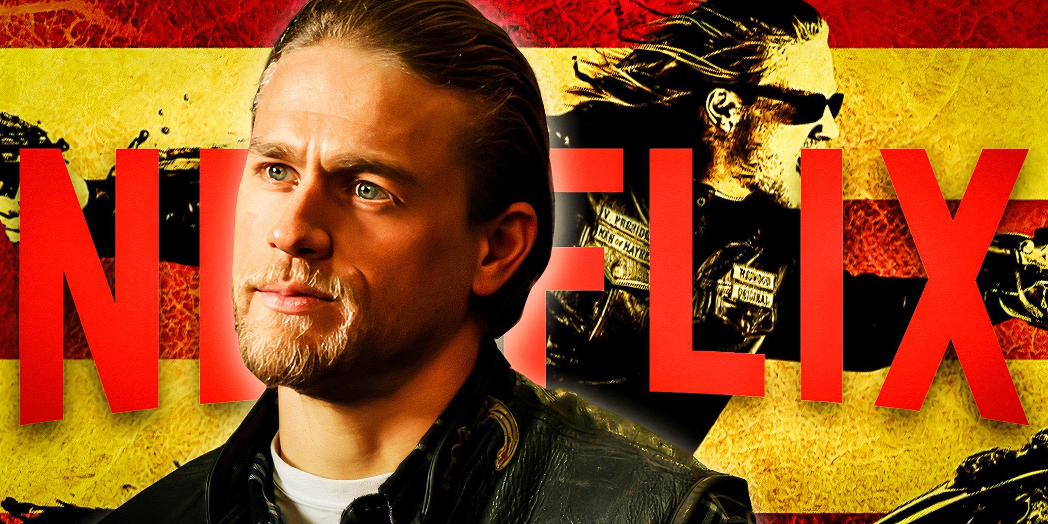 Charlie Hunnam as Jax Teller in Sons of Anarchy with the Netflix logo in the background