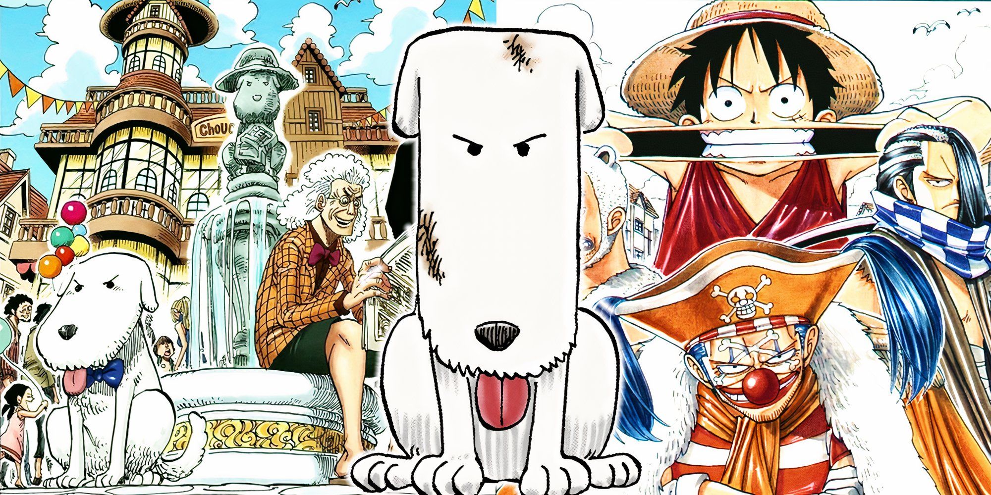 chouchou from one piece in the center. On the left: a digitally colored illustration of chouchou sitting by a fountain in front of his petshop in orange town with the mayor reading the newspaper. On the right: luffy and buggy in a digitally colored illustration featured on a chapter cover of the orange town arc in one piece