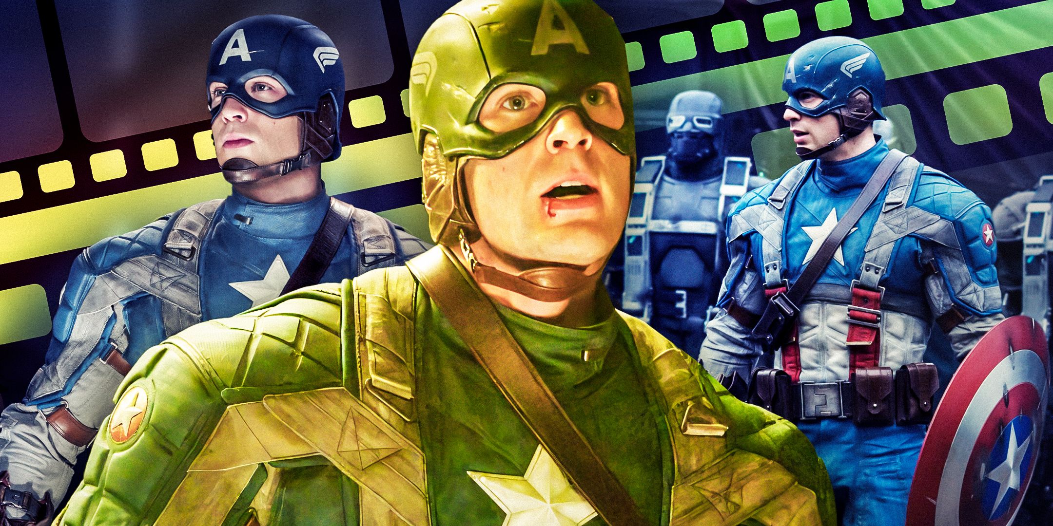 Split image of Chris Evans as Captain America in three different MCU movies
