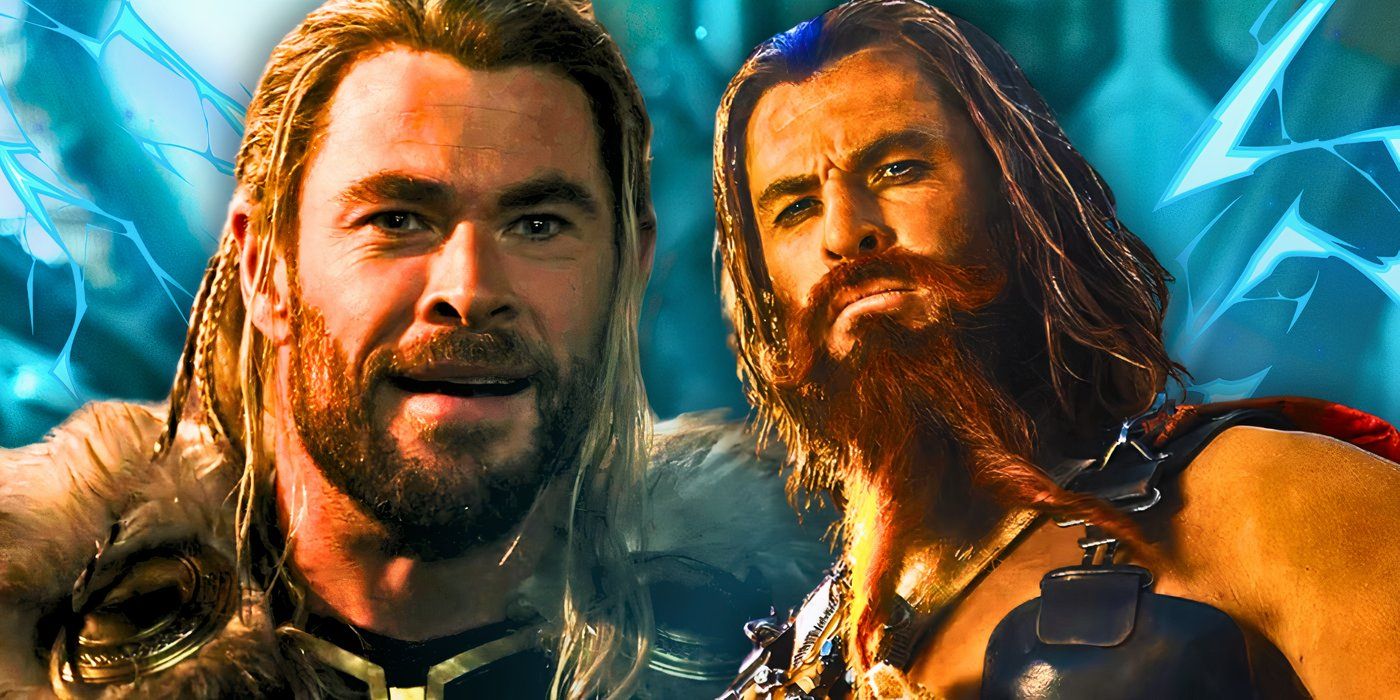 Chris Hemsworth as Thor in Love and Thunder looking happy and as Dementus in Furiosa looking menacing