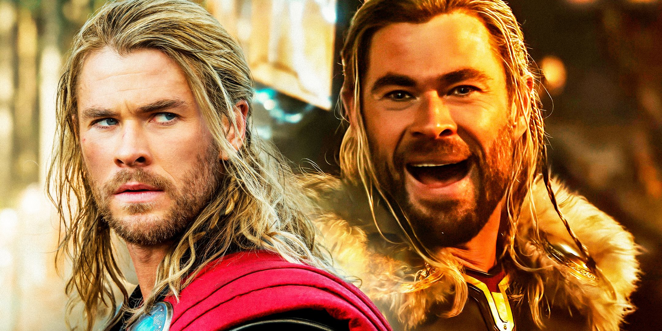 Chris Hemsworth as Thor looking concerned and as happy Thor in Love and Thunder