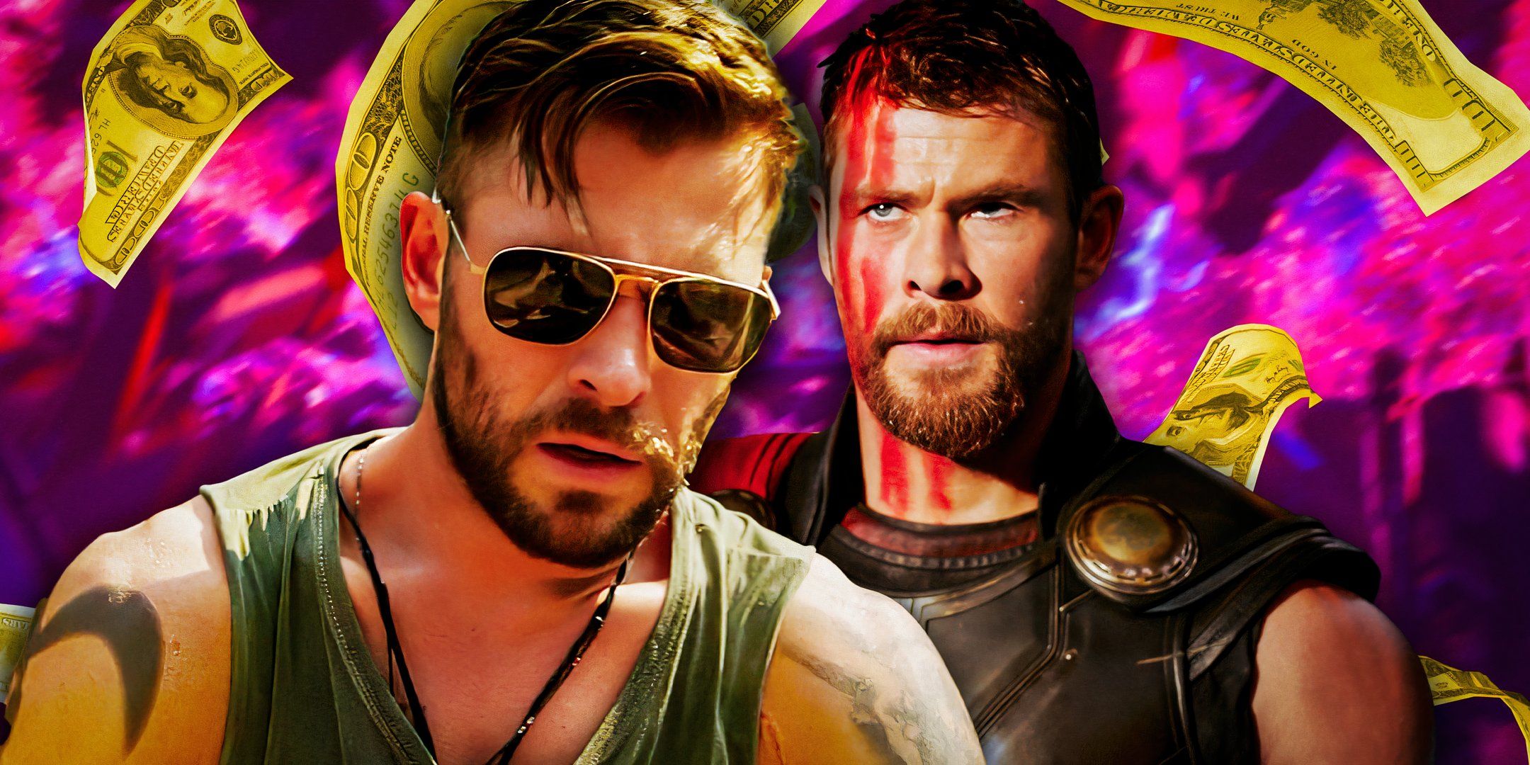 Chris Hemsworth as Tyler Rake from Extraction and Chris Hemsworth as Thor from Thor Ragnarok