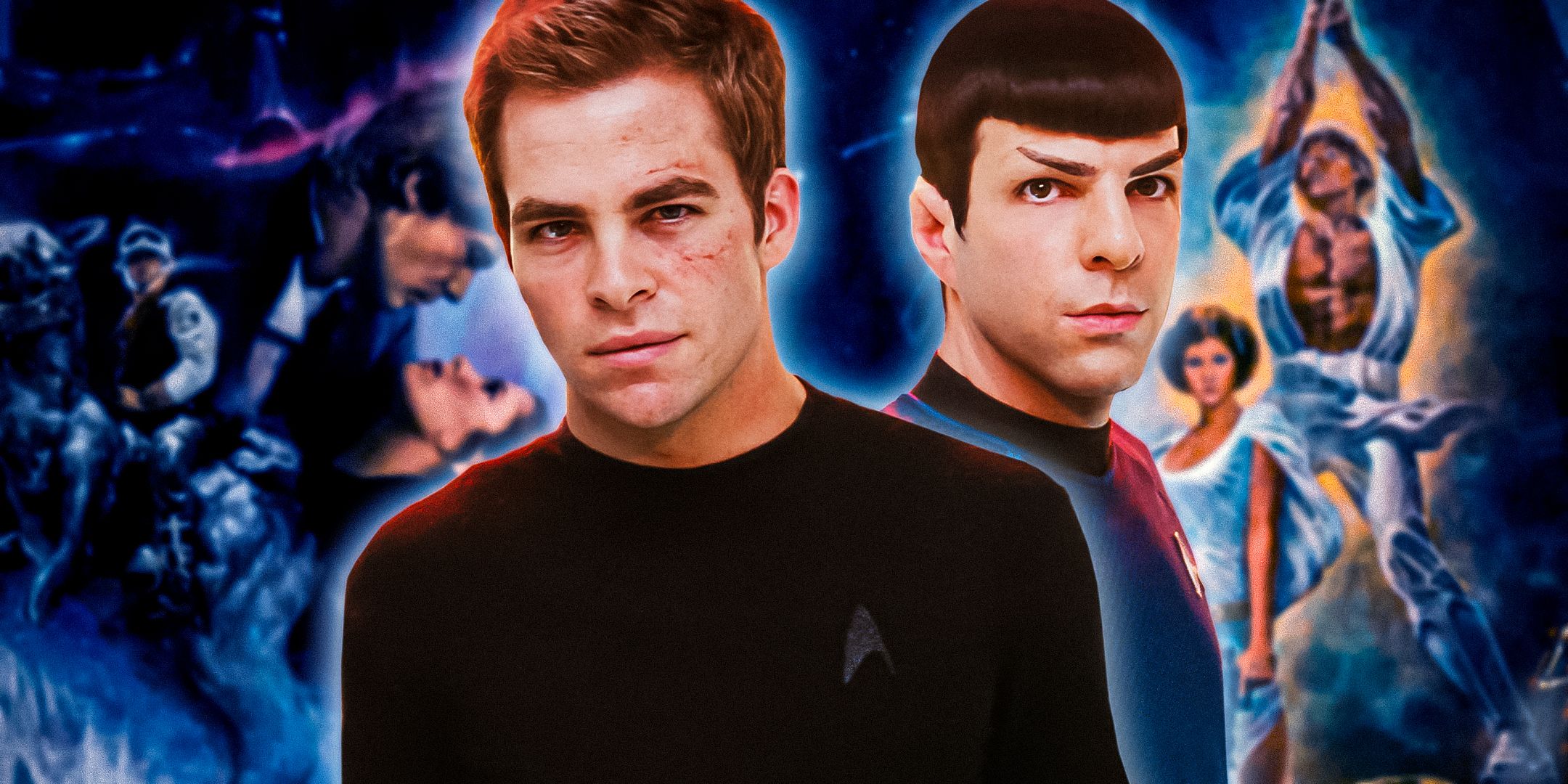 Chris Pine and Zachary Quinto as Kirk and Spock in front of posters for Star Wars and The Empire Strikes Back