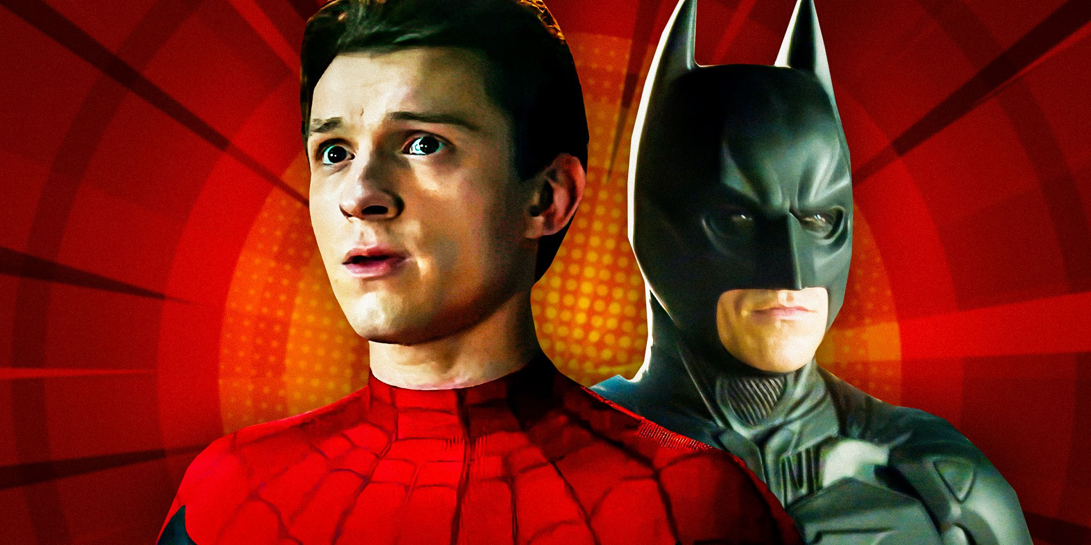 A split image of Tom Holland's Peter Parker and Christian Bale's Batman