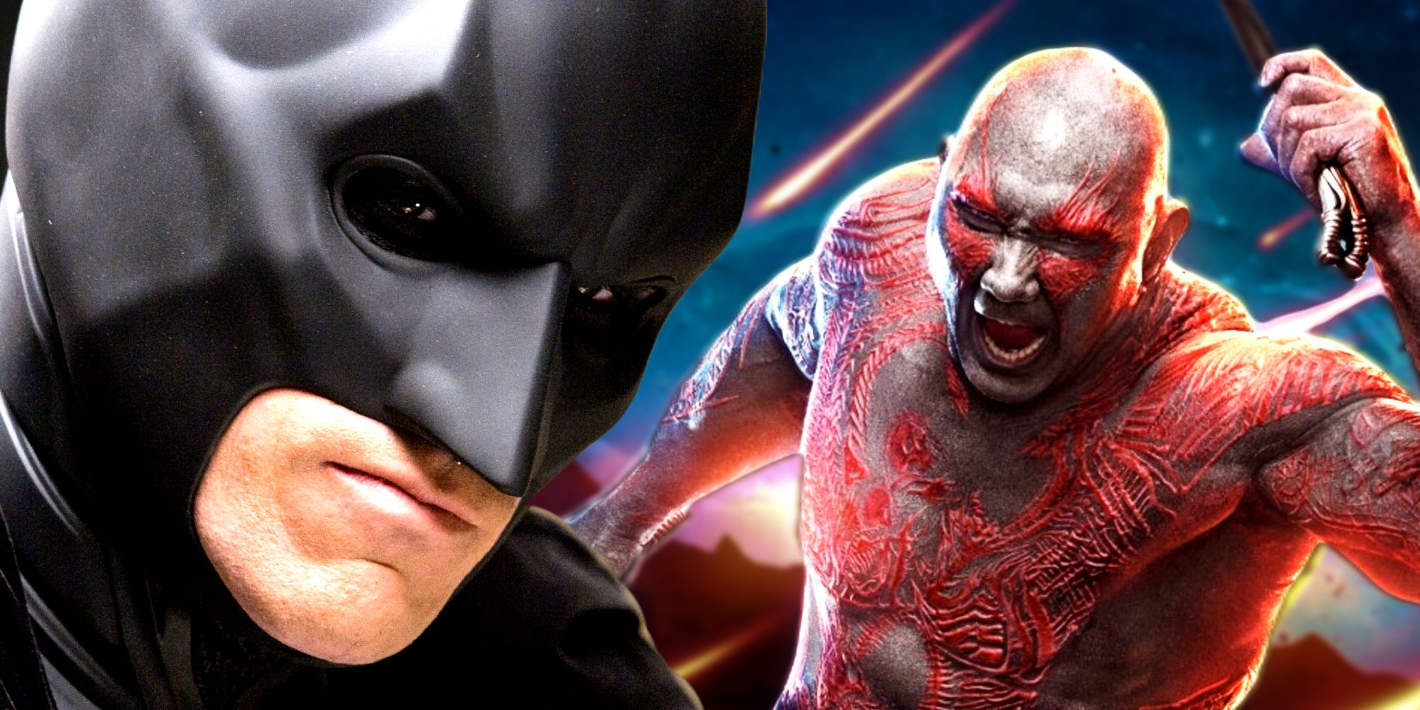 Christian Bale's Batman Cowl next to Dave Bautista's Drax charging into battle in Guardians of the Galaxy Vol 2