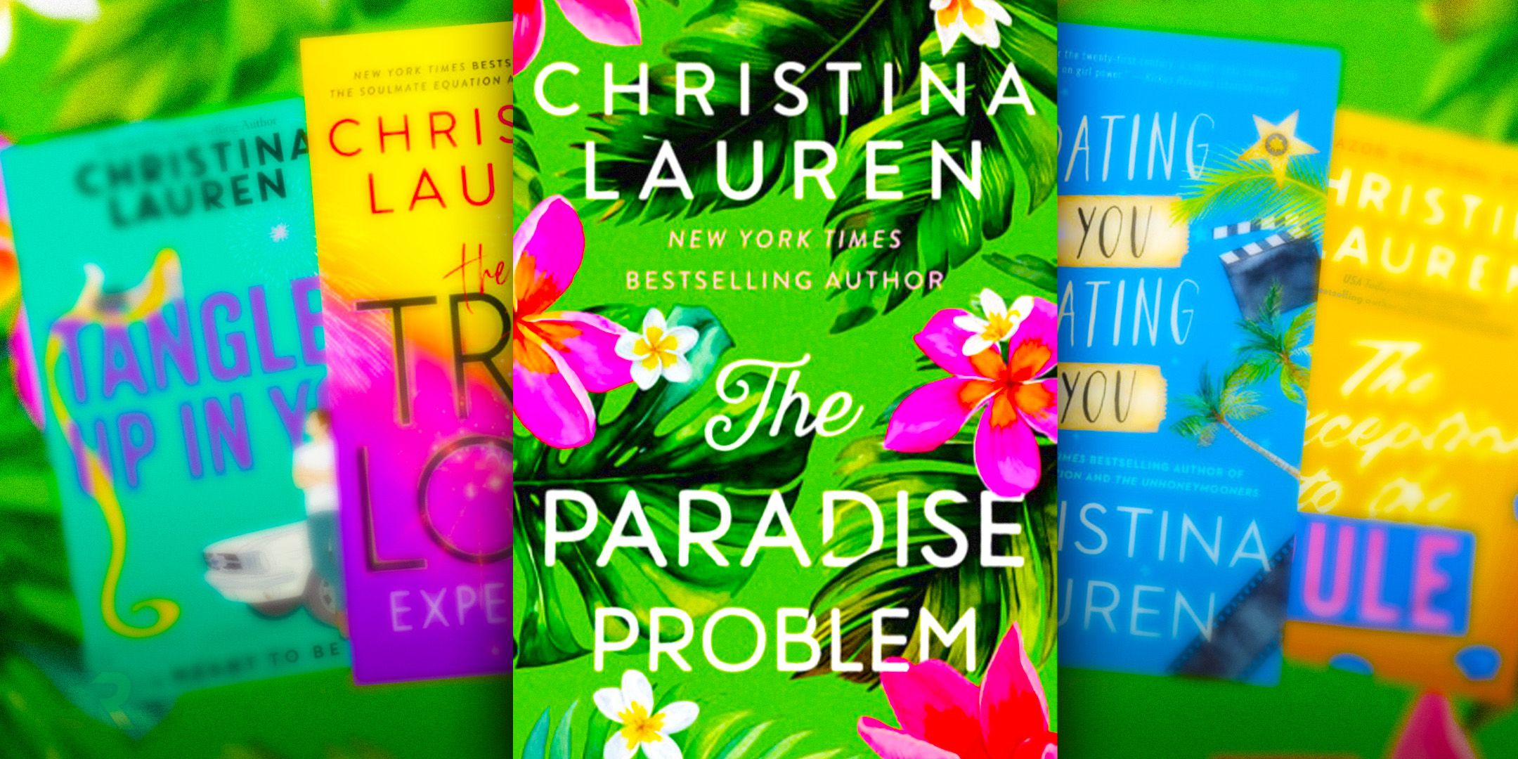 The cover of Christina Lauren's The Paradise Problem with their other books in the background
