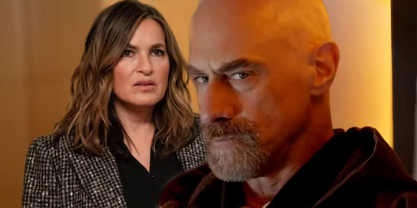 Mariska Hargitay as Benson looking confused in Law and Order SVU next to Christopher Meloni as Stabler looking serious in Law and Order Organized Crime