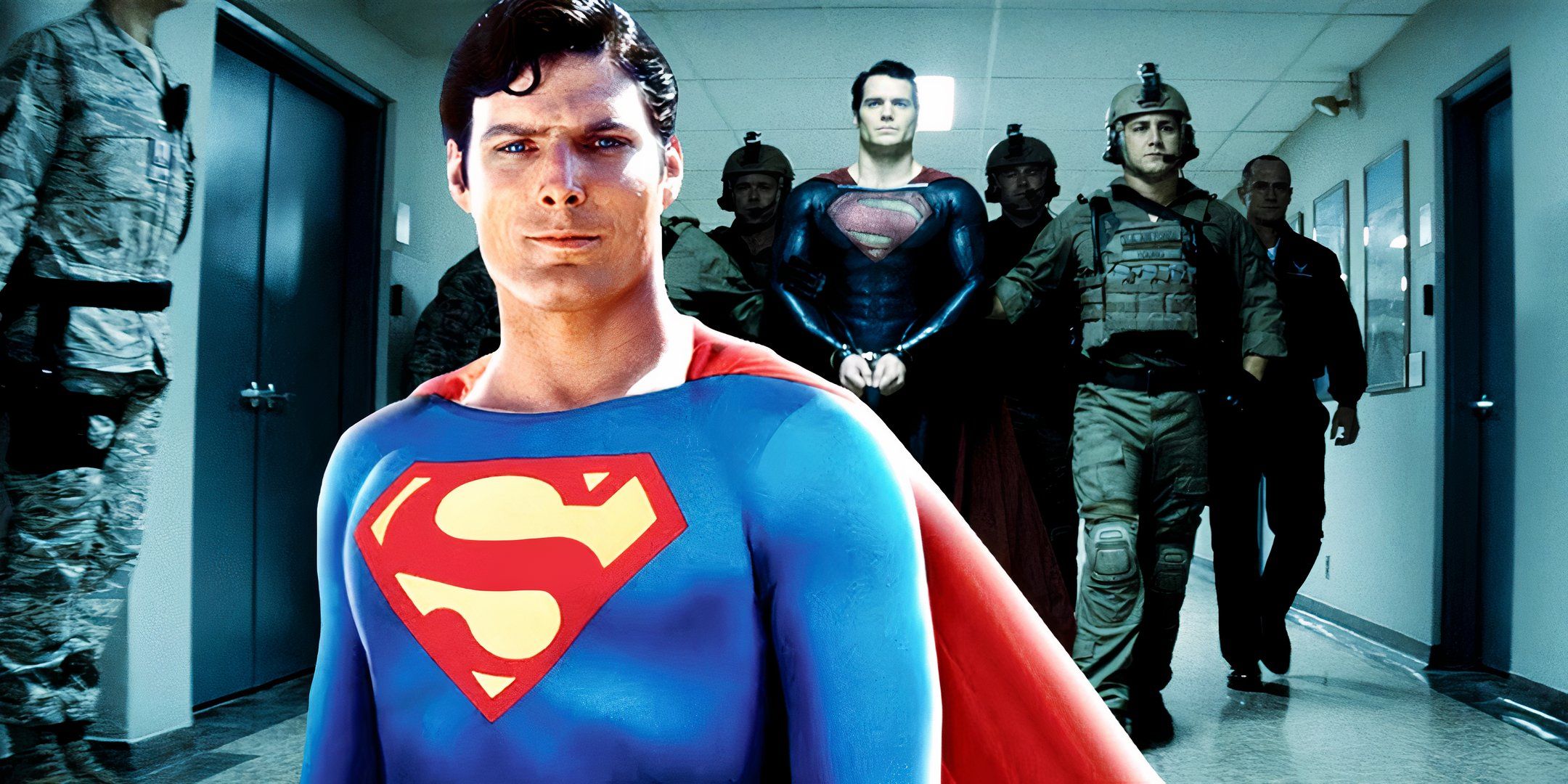 Christopher Reeve as Superman and Henry Cavill in handcuffs from Man of Steel
