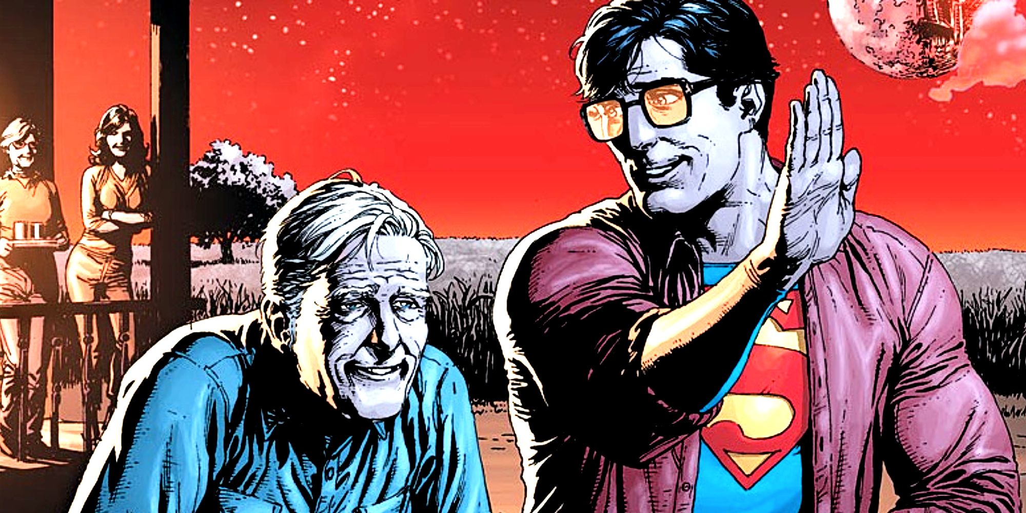Clark Kent, de Christopher Reeves, conversa com Pa Kent na fazenda Kent no painel do Superman da DC Comics