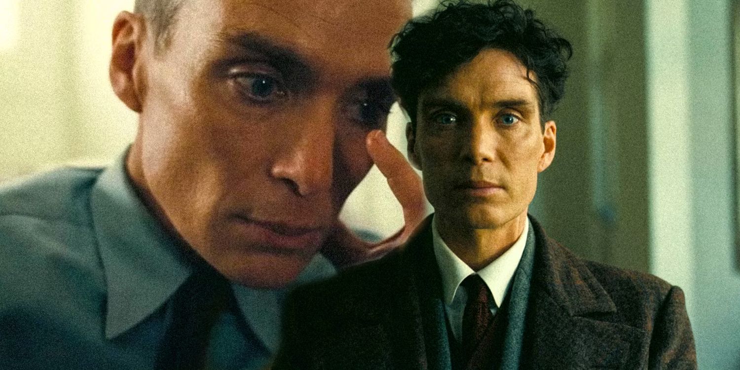 Cillian Murphy as J. Robert Oppenheimer looking worried next to Oppenheimer looking at the camera in Oppenheimer