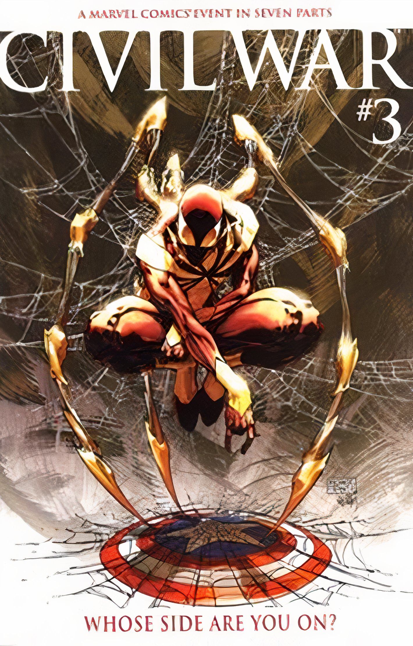 Civil War #3 Variante de color de Turner, Spider-Man (con traje de Iron Spider) tejido con el escudo del Capitán América.