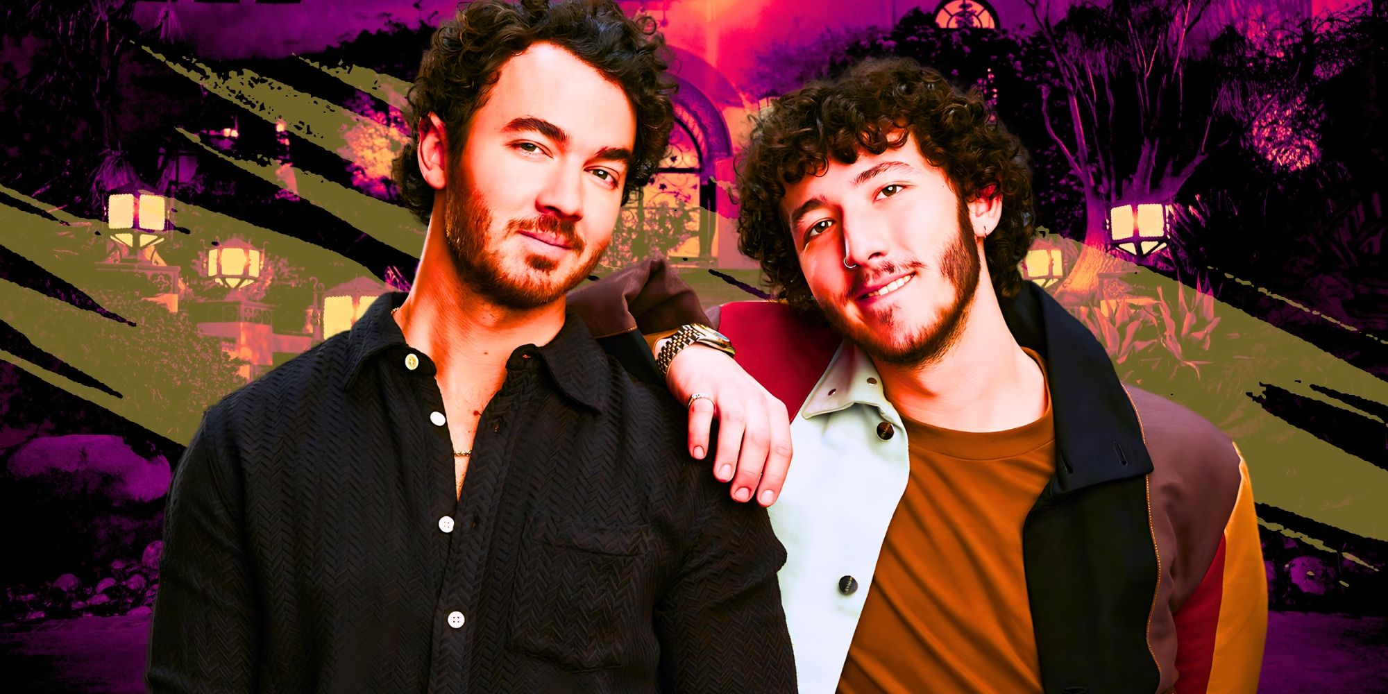 claim to fame montage featuring nick and kevin jonas with exotic garden background with lanterns