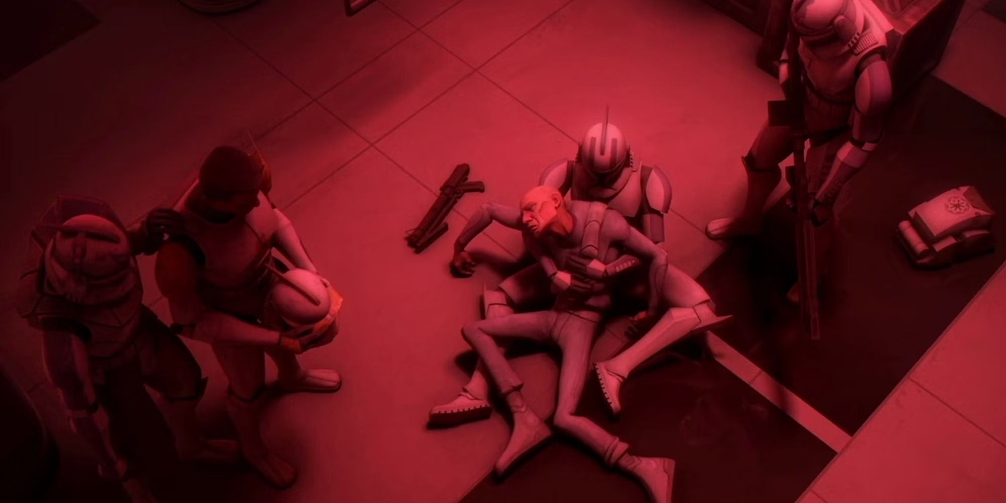 El Clon 99 muerto está siendo custodiado por otros clones en Star Wars: The Clone Wars