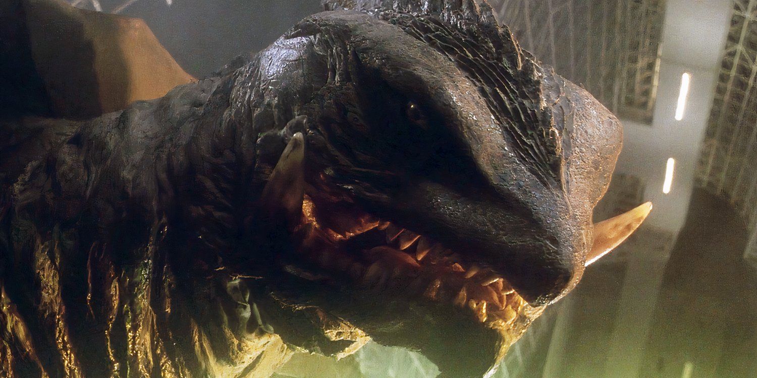 Closeup of Gamera with dramatic lighting from below in Gamera 3 Revenge of Iris