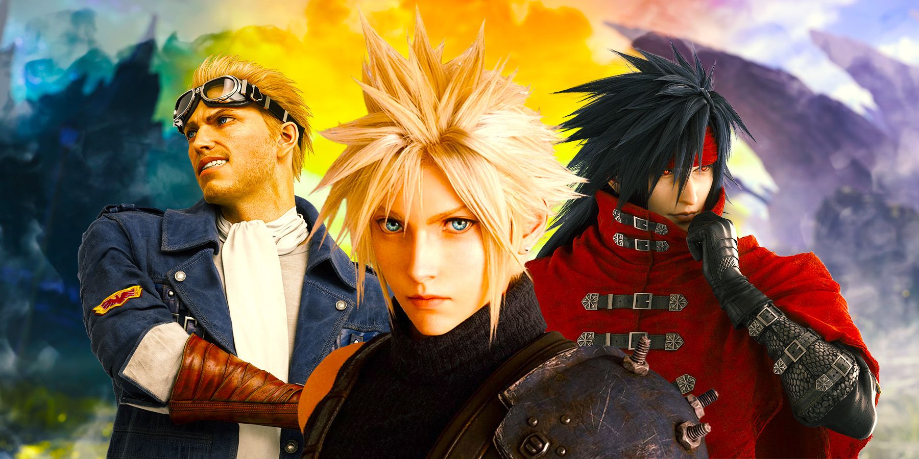 Cloud Strife, Cid Highwind, and Vincent Valentine from Final Fantasy 7 Rebirth.