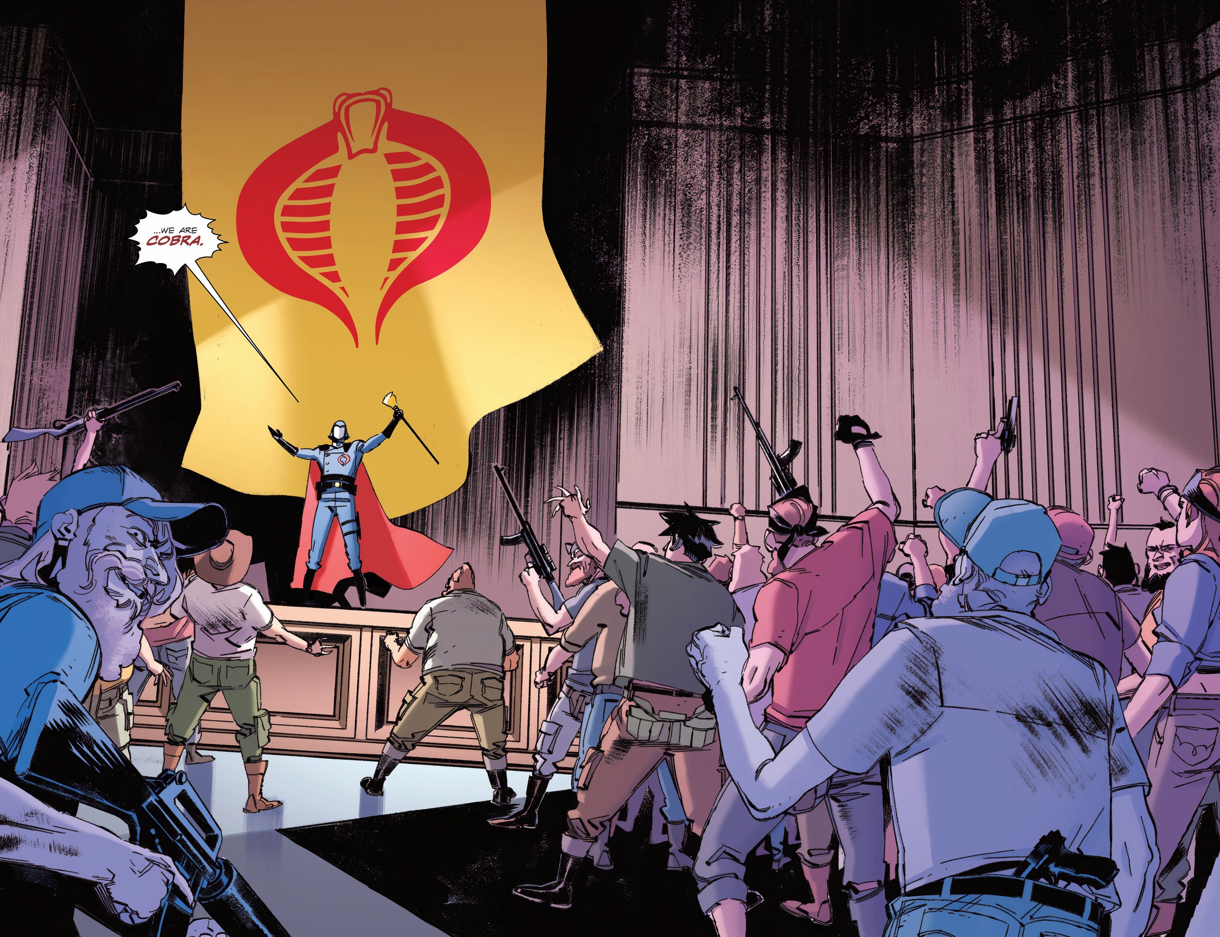Cobra Commander #5, the birth of the Cobra organization, the Commander on stage speaking to crowd of villains.
