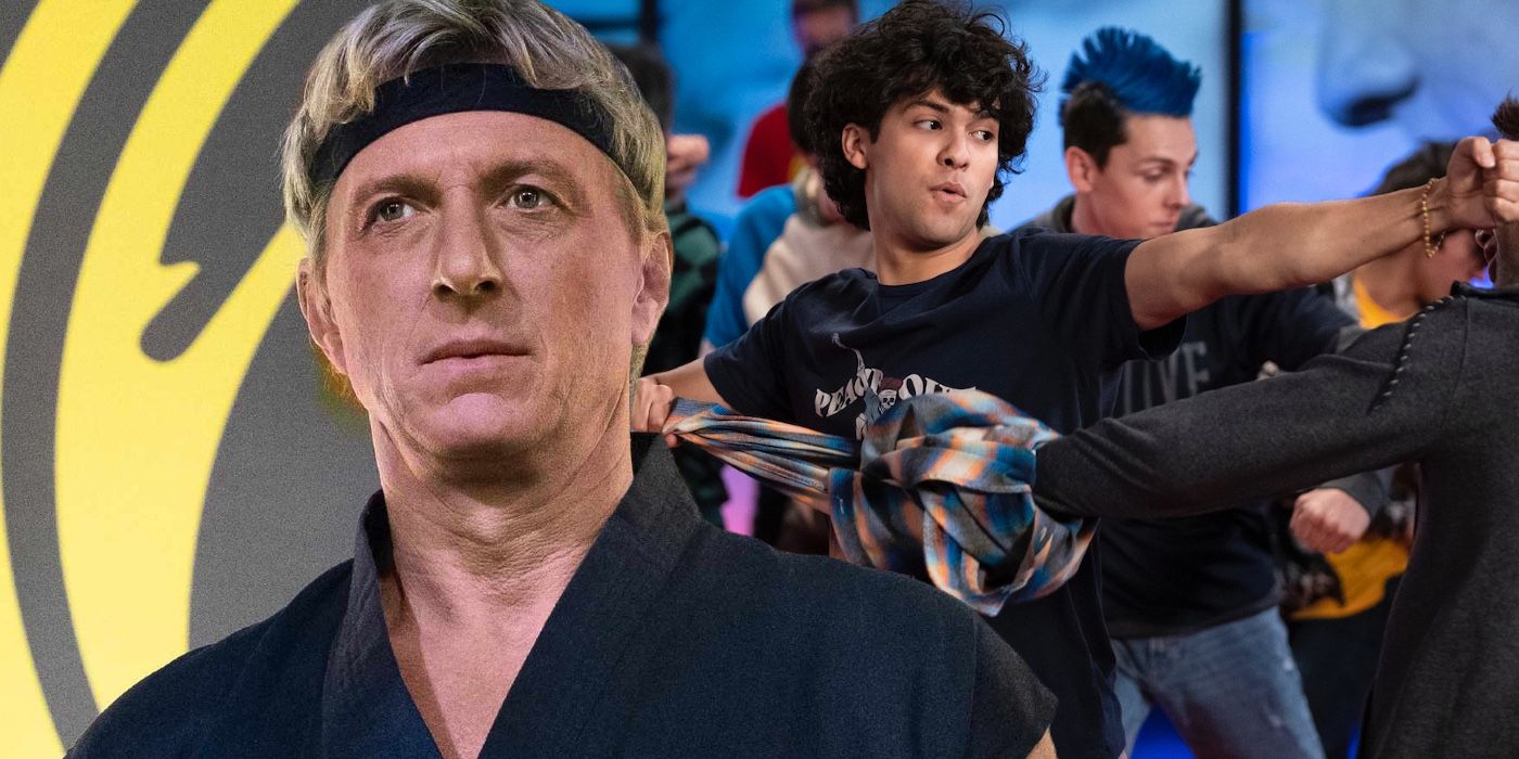 A composite image of Johnny Lawrence looking on with karate students fighting in the background in Cobra Kai