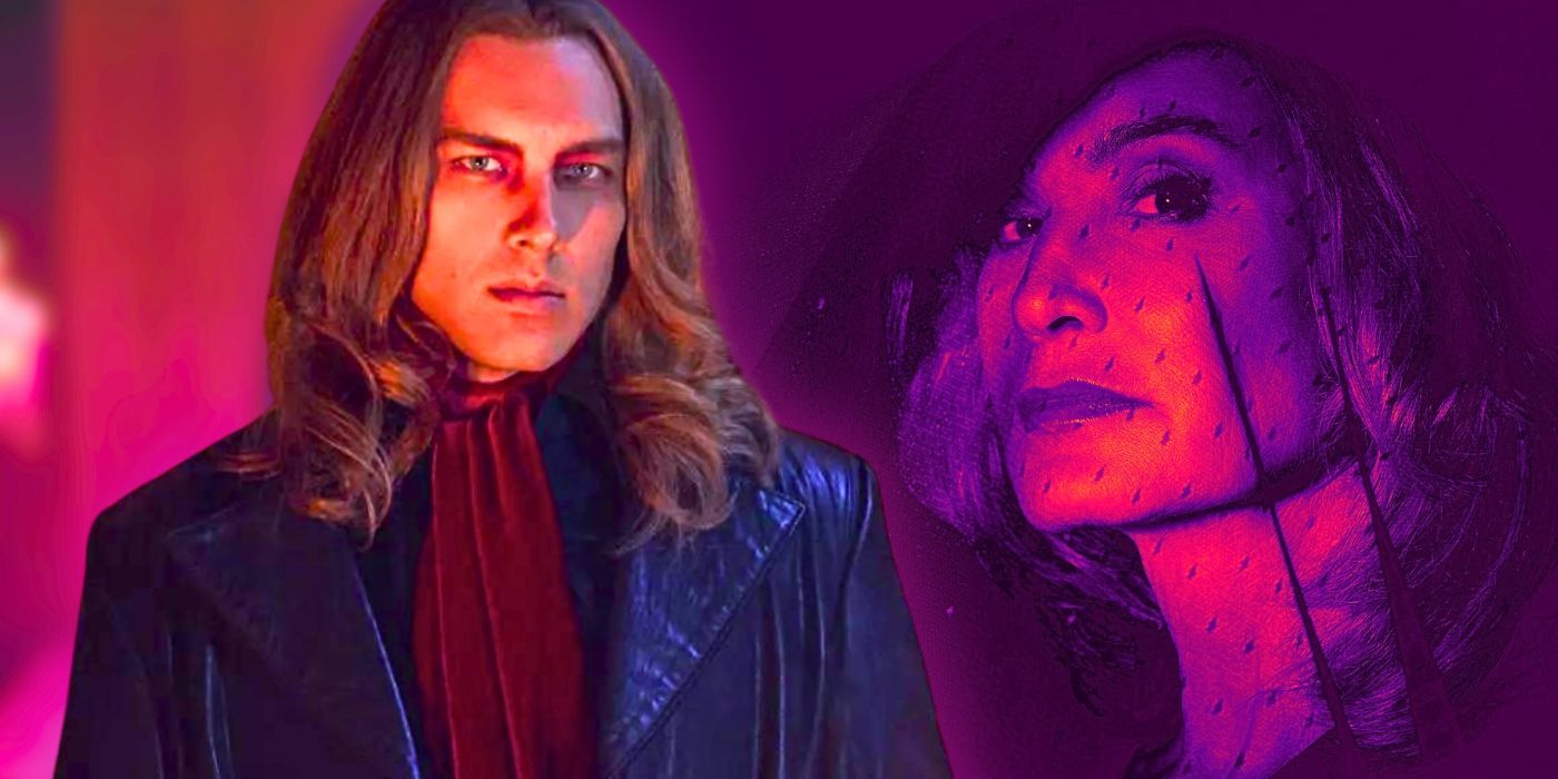 Cody Fern looks serious as Michael in American Horror Story Apocalypse while Jessica Lange looks serious as Fiona Goode in AHS Coven