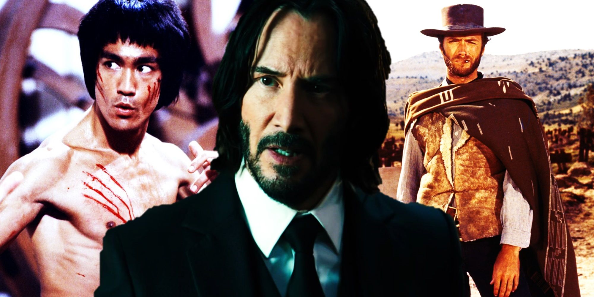 Collage of Bruce Lee in Enter the Dragon, Keanu Reeves in John Wick Chapter 4, and Clint Eastwood in The Good, the Bad, and the Ugly