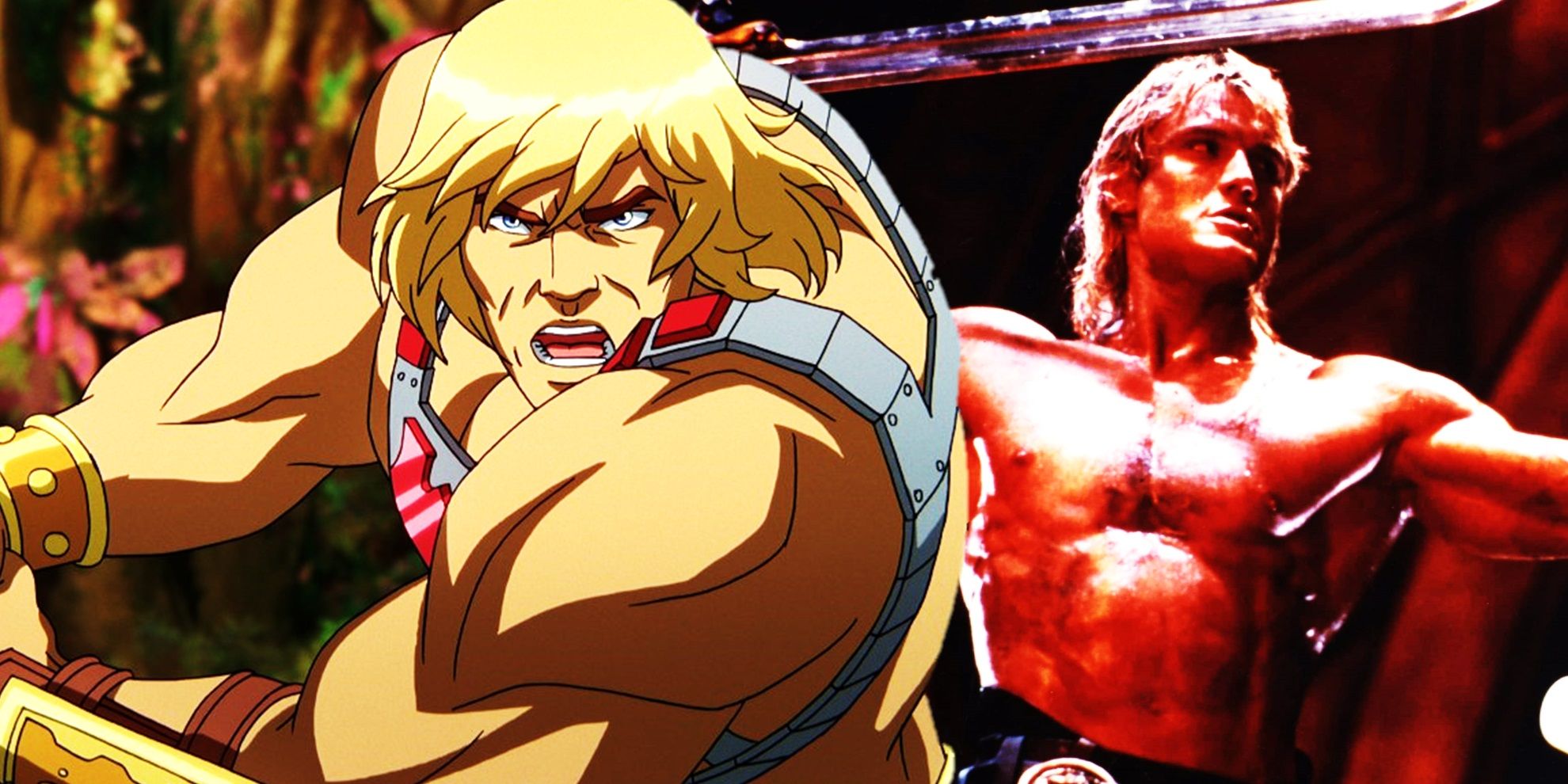 Collage of He-Man in Masters of the Universe Revelation and Dolph Lundgren in the Masters of the Universe movie