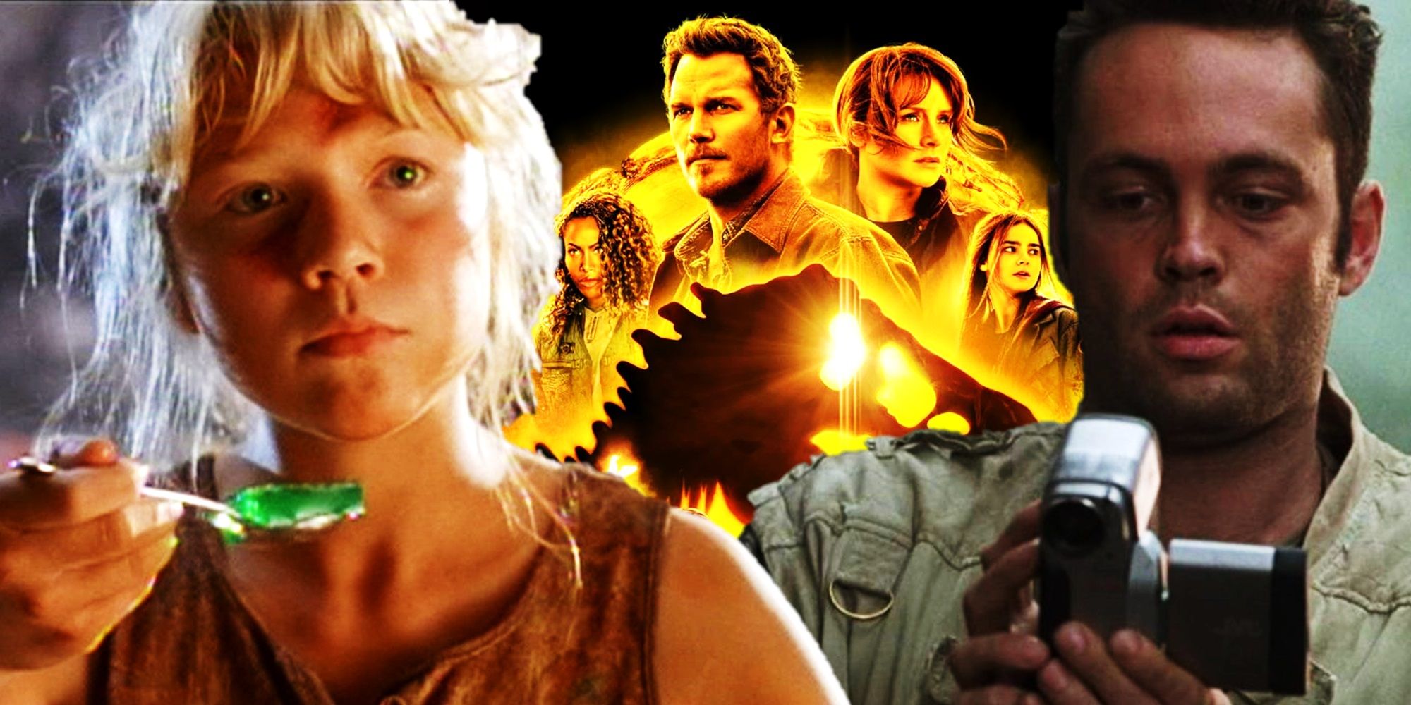 Collage of Lex in Jurassic Park, Nick in The Lost World Jurassic Park, and the poster for Jurassic World Dominion