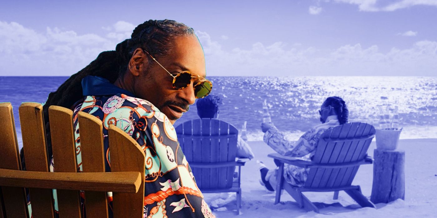 Collage of Snoop Dogg drinking Corona on the beach.